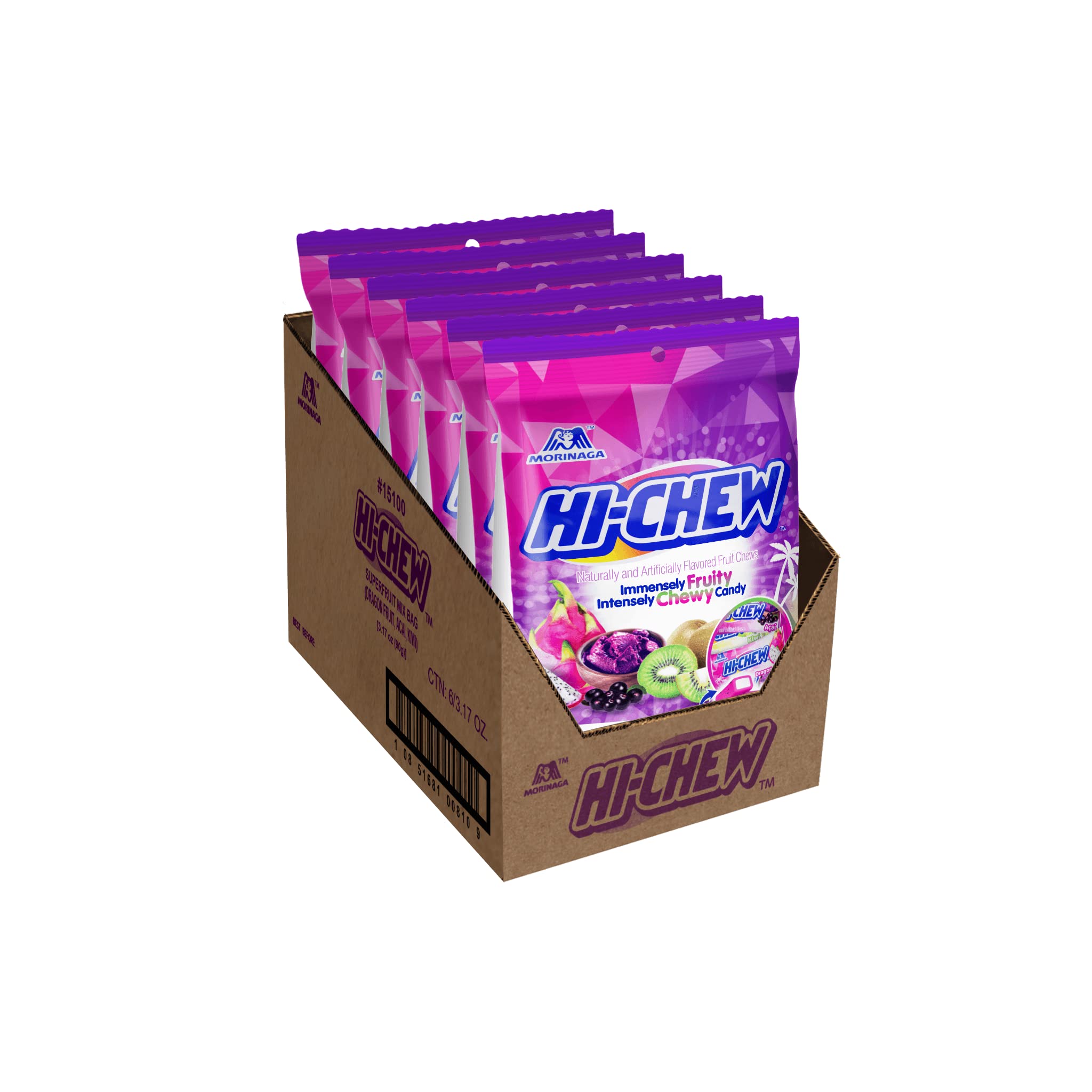 HI-CHEW Superfruit Mix closeup shows bright fruit colors and chewy bite.