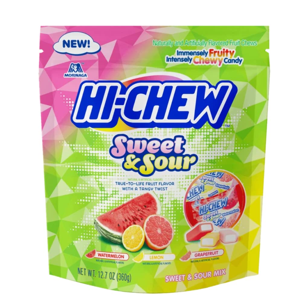 Hi-CHEW Sweet & Sour Mix bag with clip for on-the-go fruity snacking.