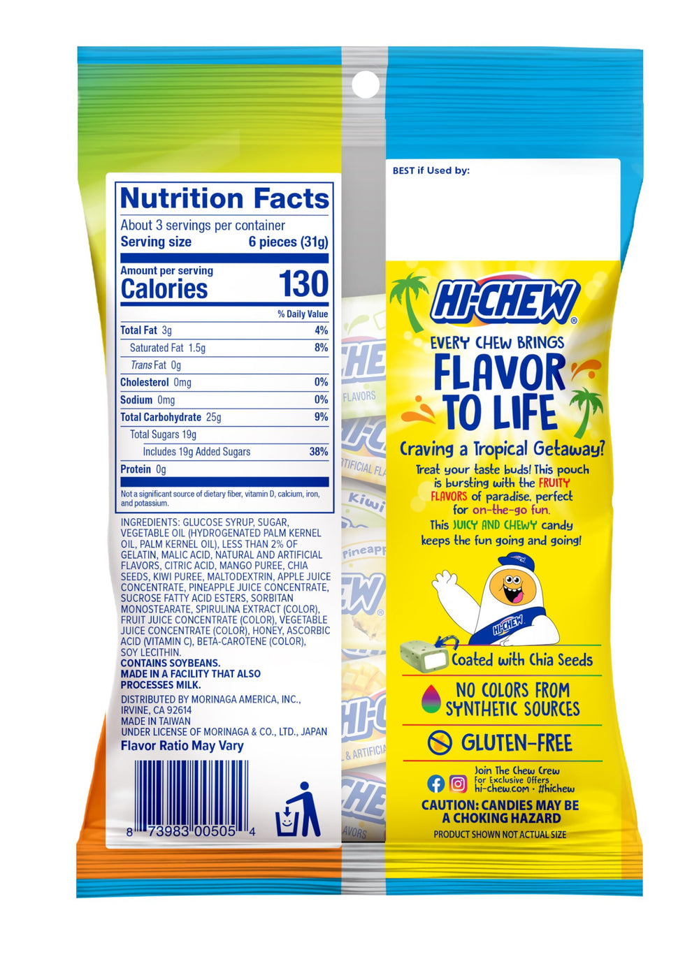 HI-CHEW Tropical Mix variety fruits: colorful bite-sized chewy treats.