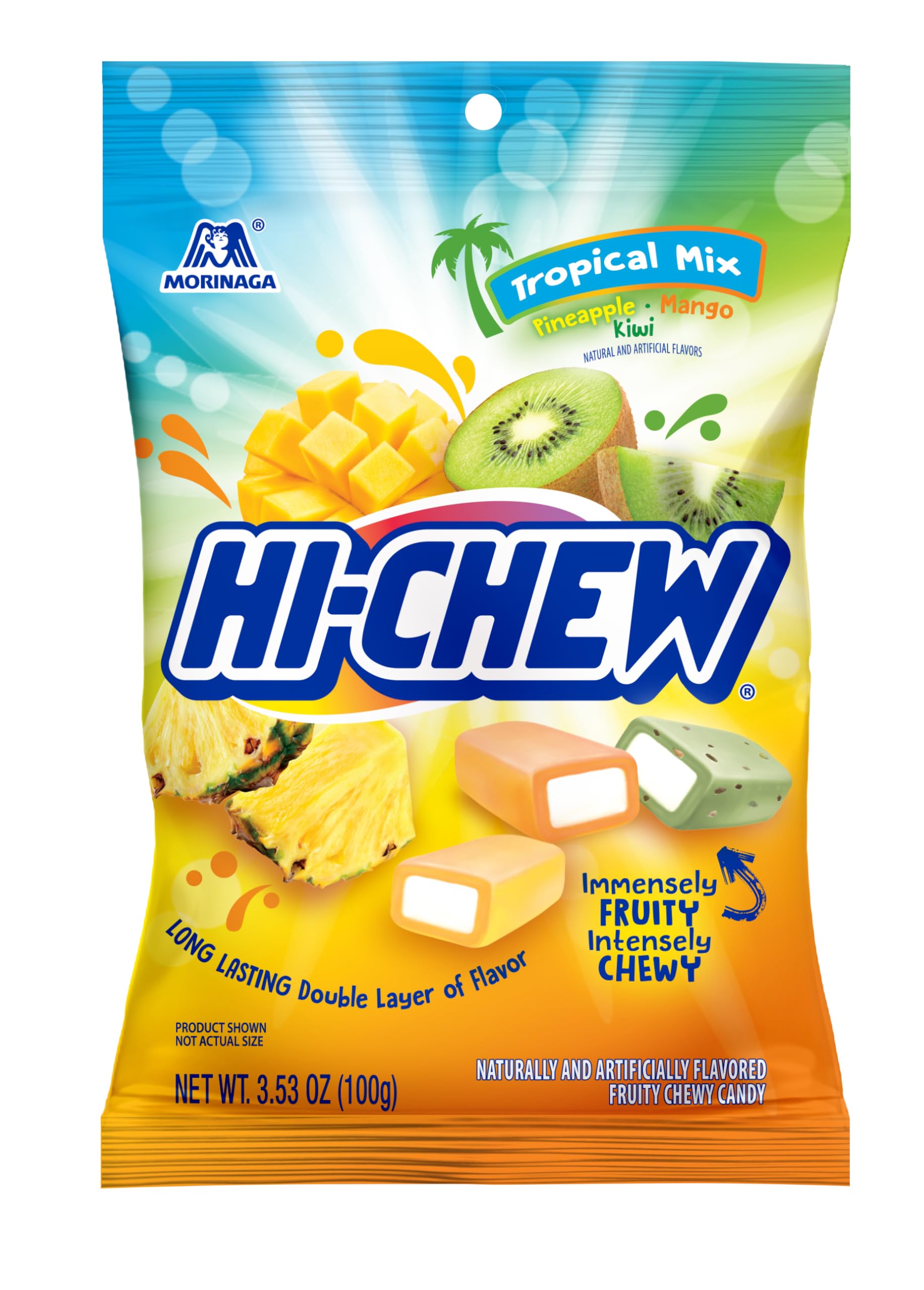 HI-CHEW Tropical Mix kiwi-pineapple-mango: chewy fruit candy for sharing.