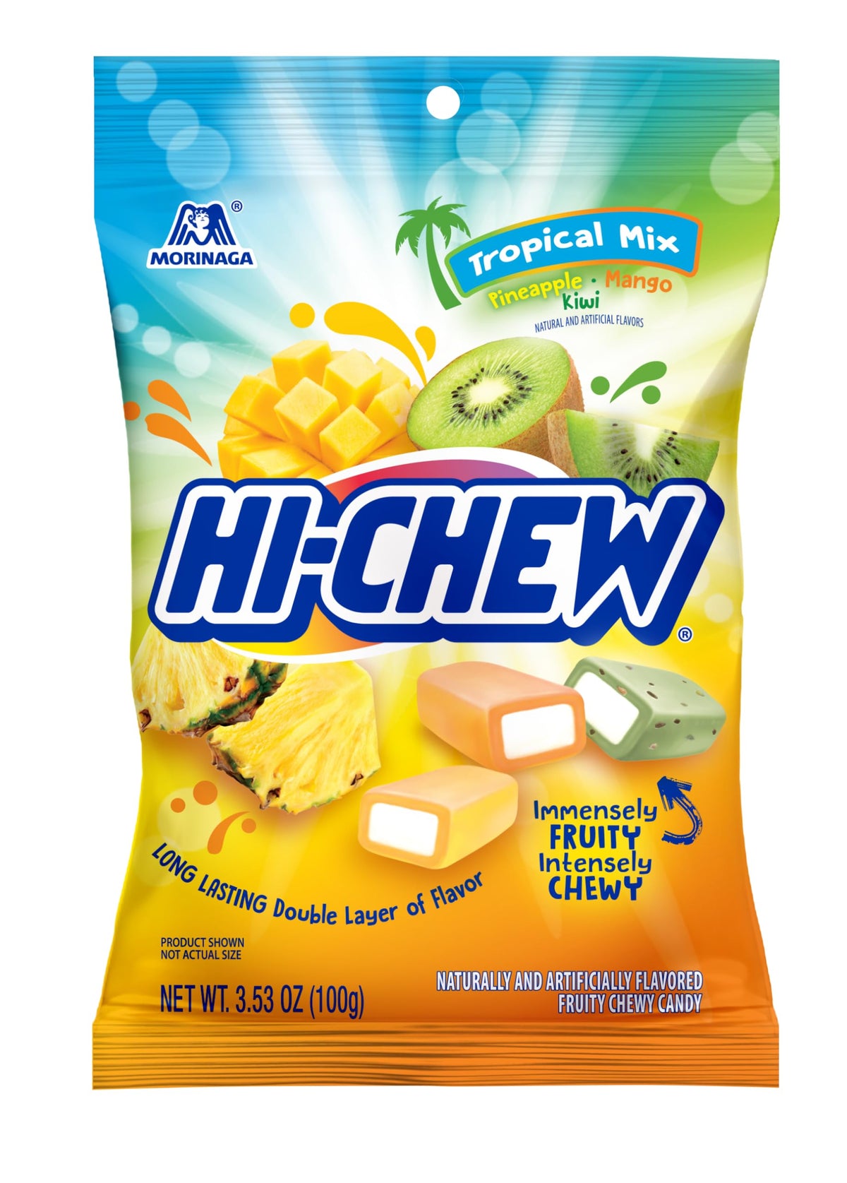HI-CHEW Tropical Mix kiwi-pineapple-mango: chewy fruit candy for sharing.
