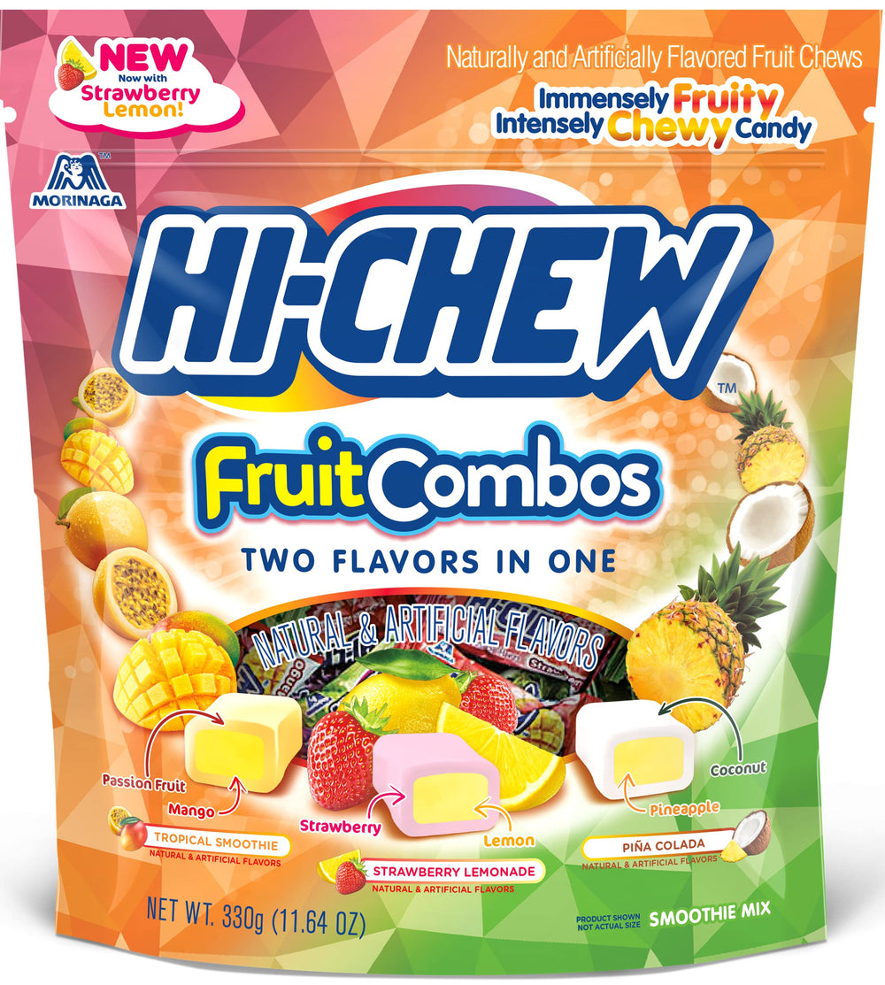 HI-CHEW Tropical Smoothie candy in a bright pouch, ideal for a quick, flavorful snack.