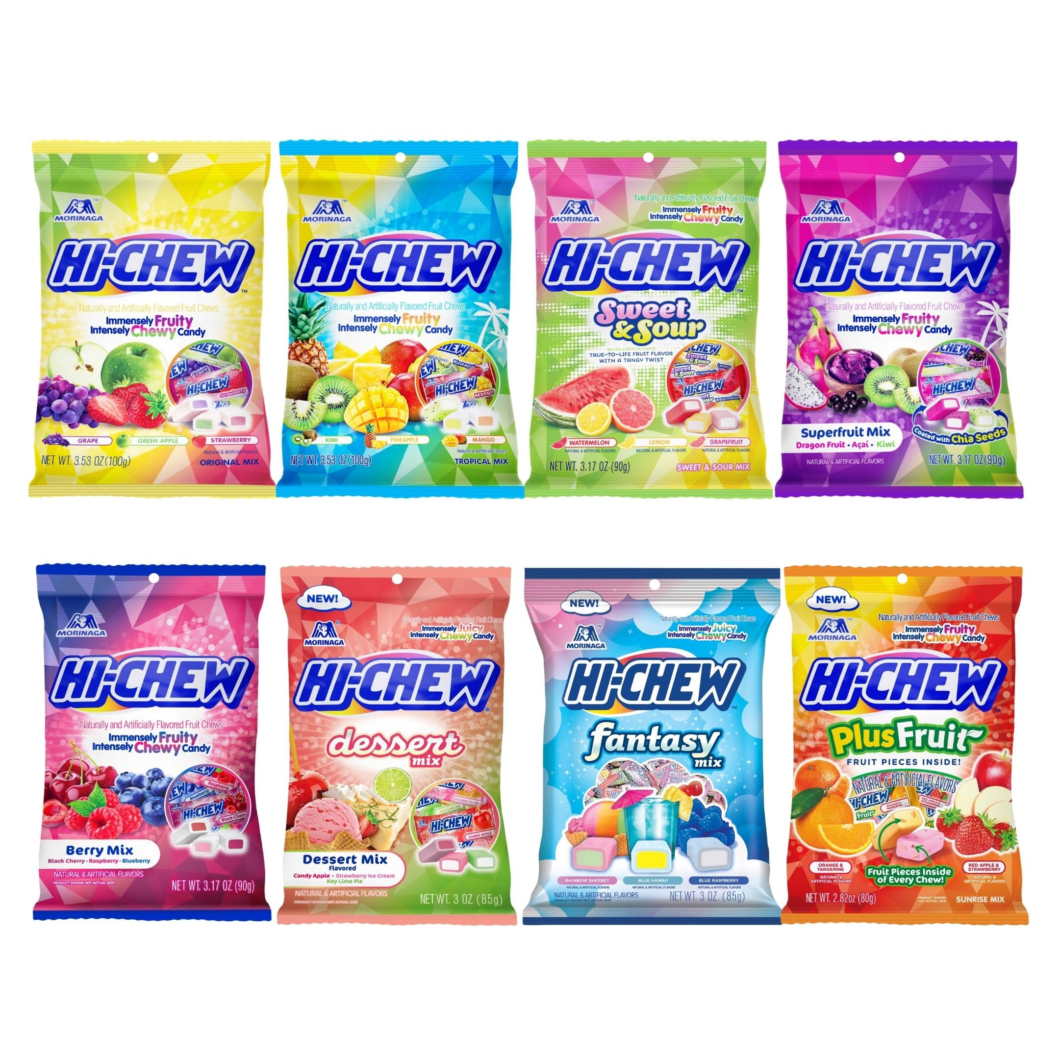 Hi-CHEW variety mix eight-bag pack showing colorful fruit chews for sharing.