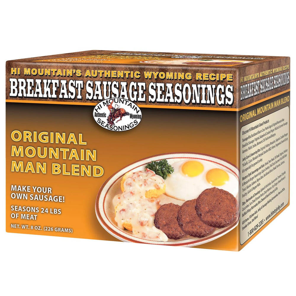 Hi Mountain Breakfast Sausage Seasoning packaging displayed for quick, flavorful prep.