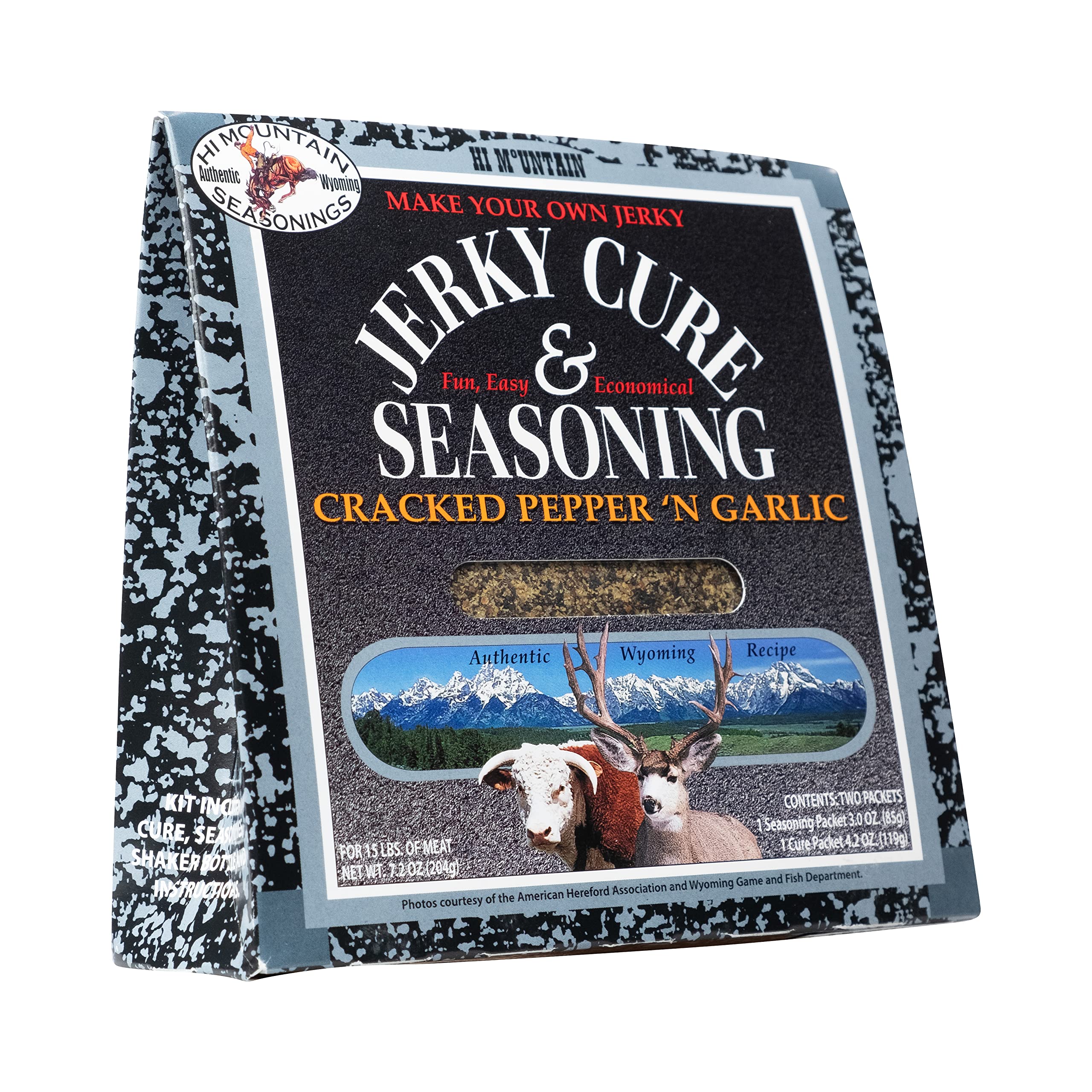 Hi Mountain cracked pepper garlic blend packaging shows bold jerky flavor potential.