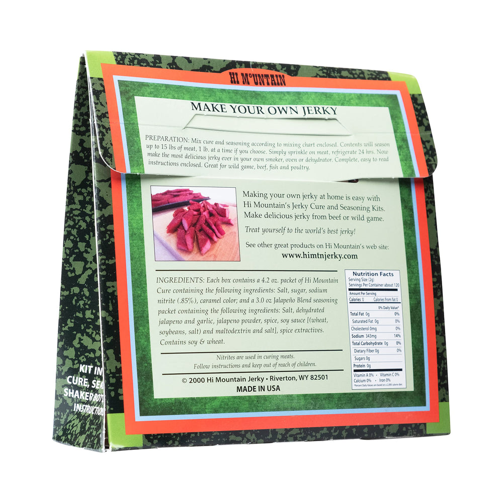 Hi Mountain Jalapeño Blend Jerky Kit seasoning packet for beef and wild game flavor.