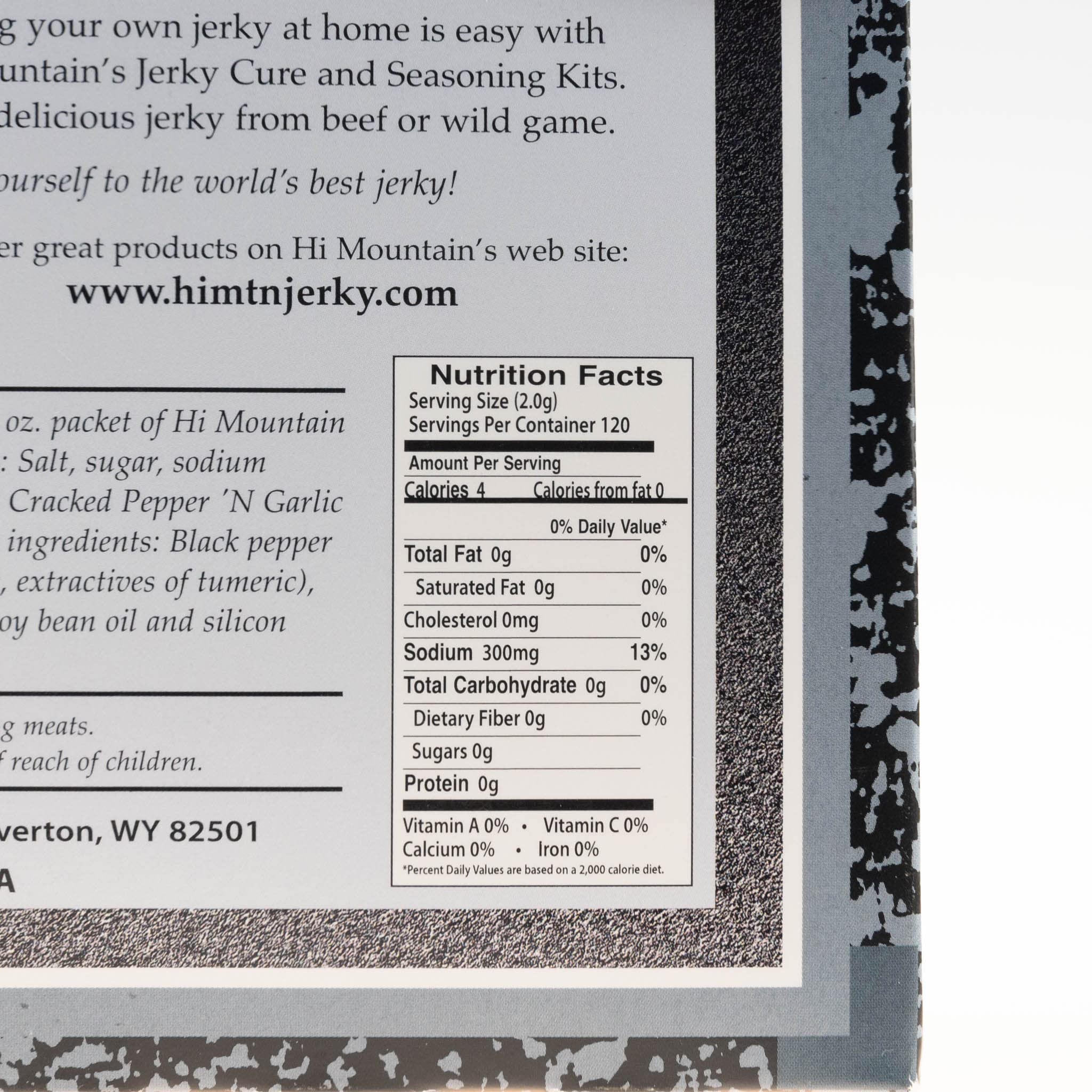 Hi Mountain jerky cure packet highlights curing for homemade jerky flavor.