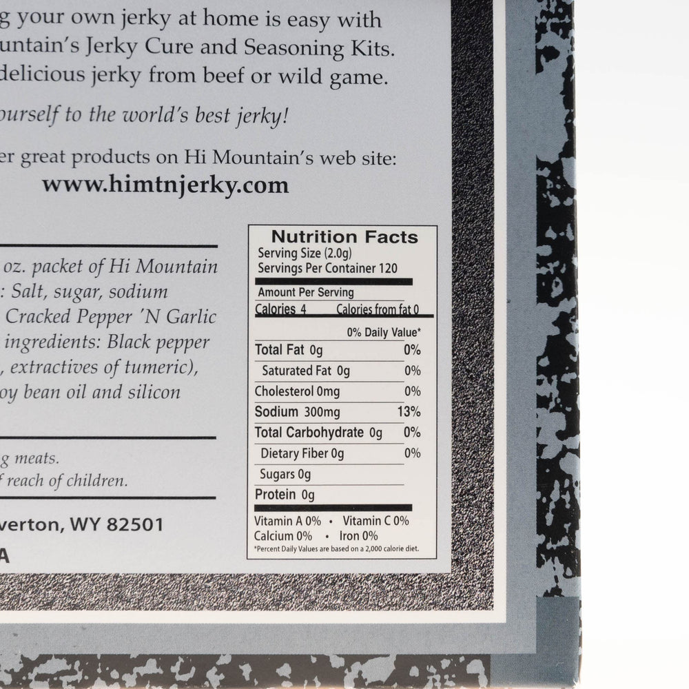Hi Mountain jerky cure packet highlights curing for homemade jerky flavor.
