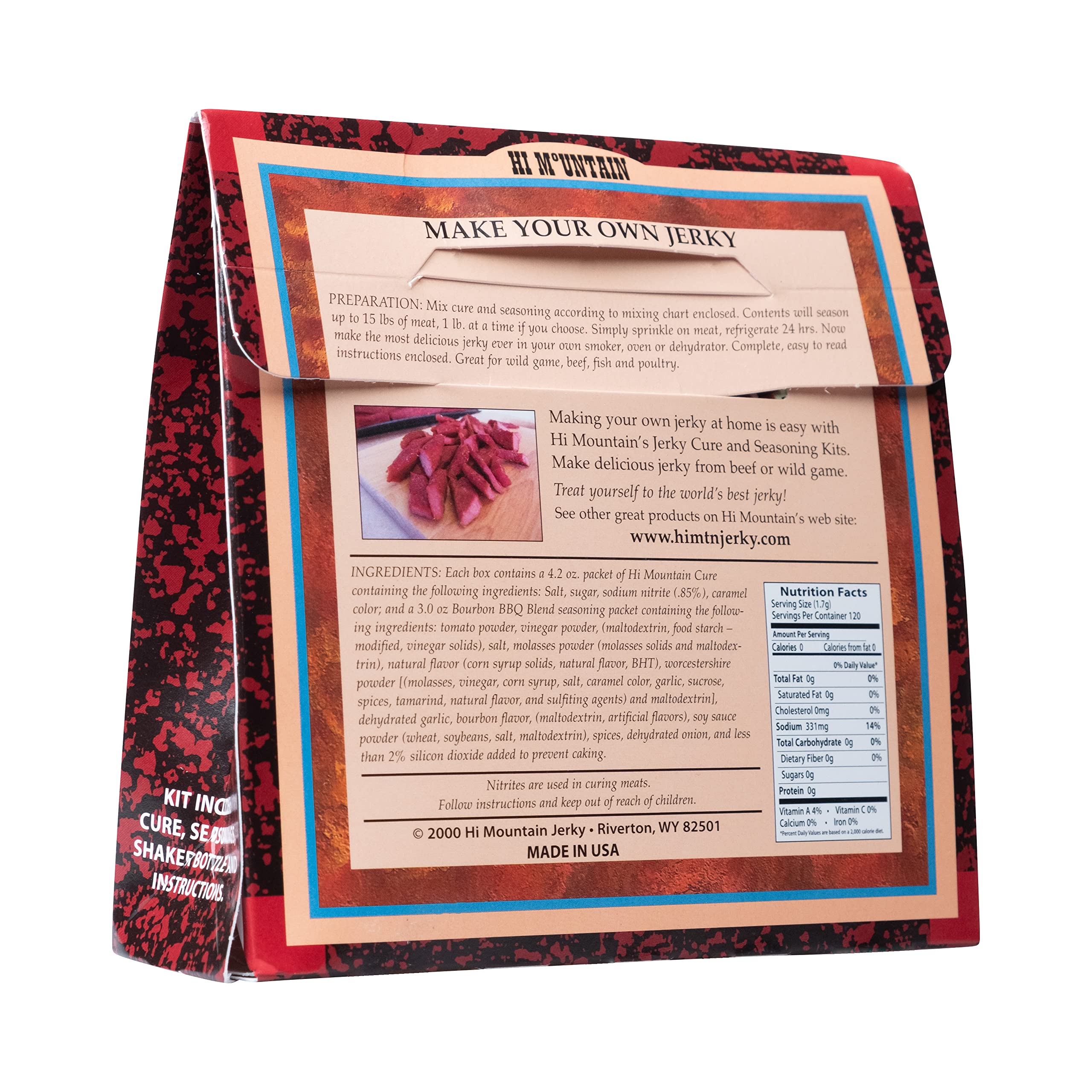 Hi Mountain jerky seasoning kit box showing contents for homemade jerky