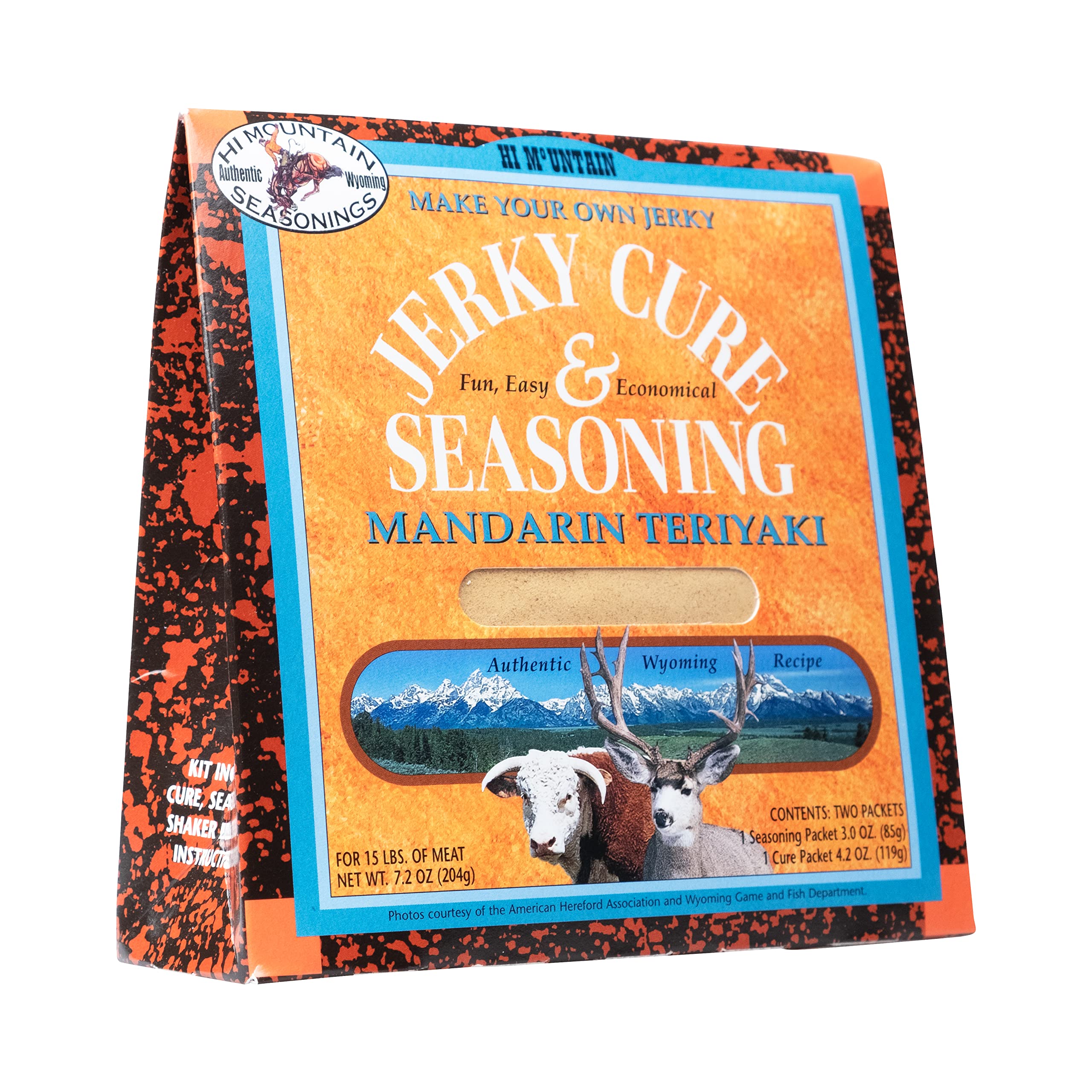 Hi Mountain Mandarin Teriyaki Blend packet close-up for bold jerky flavor.
