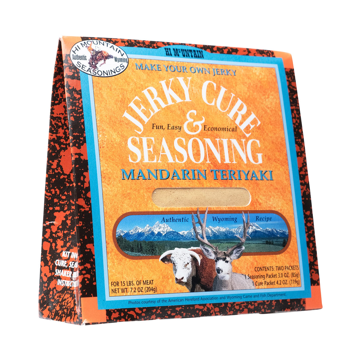 Hi Mountain Mandarin Teriyaki Blend packet close-up for bold jerky flavor.