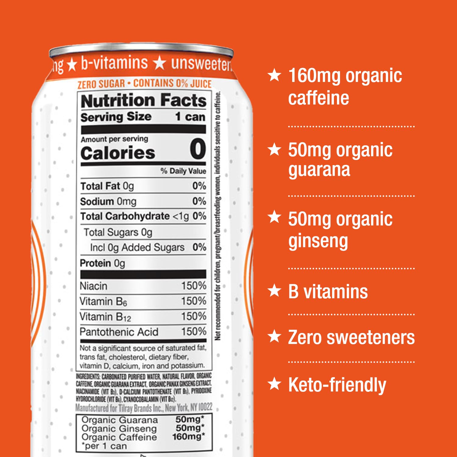 Hiball Blood Orange label closeup highlights organic caffeine and B vitamins