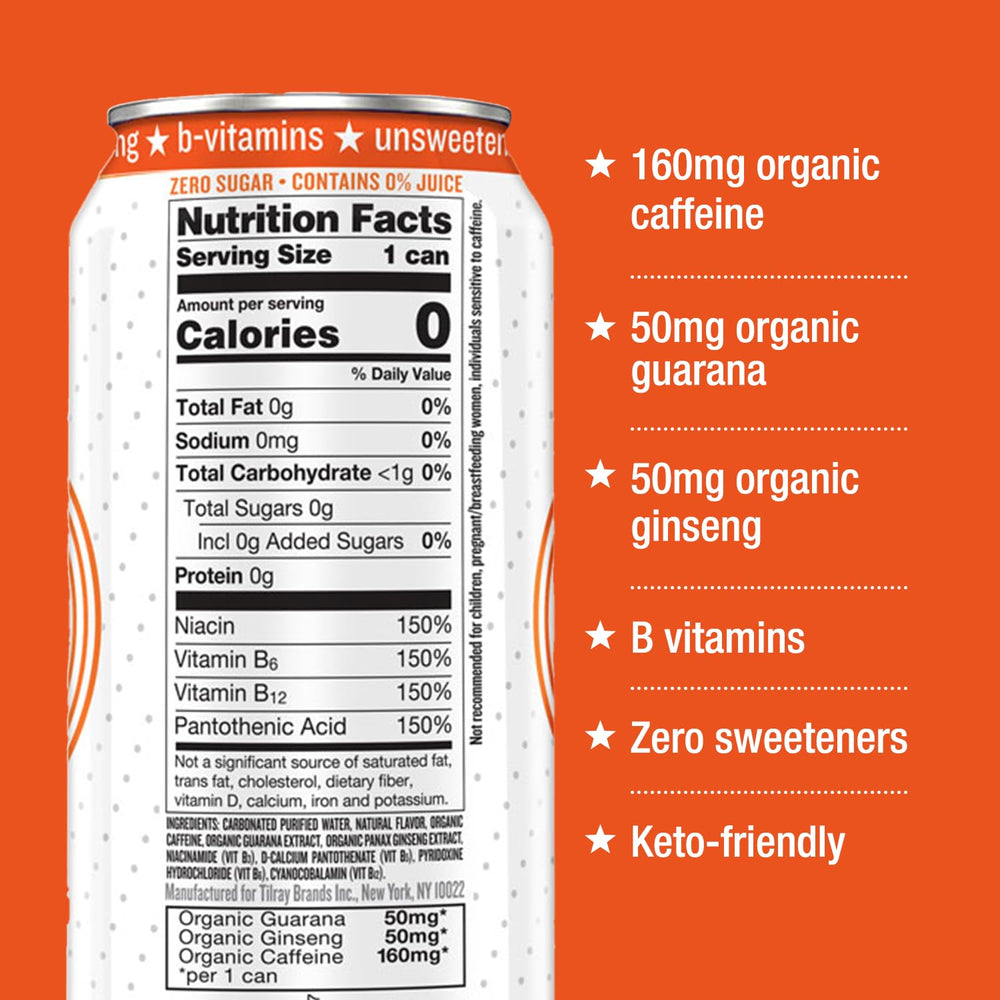 Hiball Blood Orange label closeup highlights organic caffeine and B vitamins