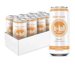Hiball Energy Peach Seltzer can shows refreshing peach flavor and zero calories.