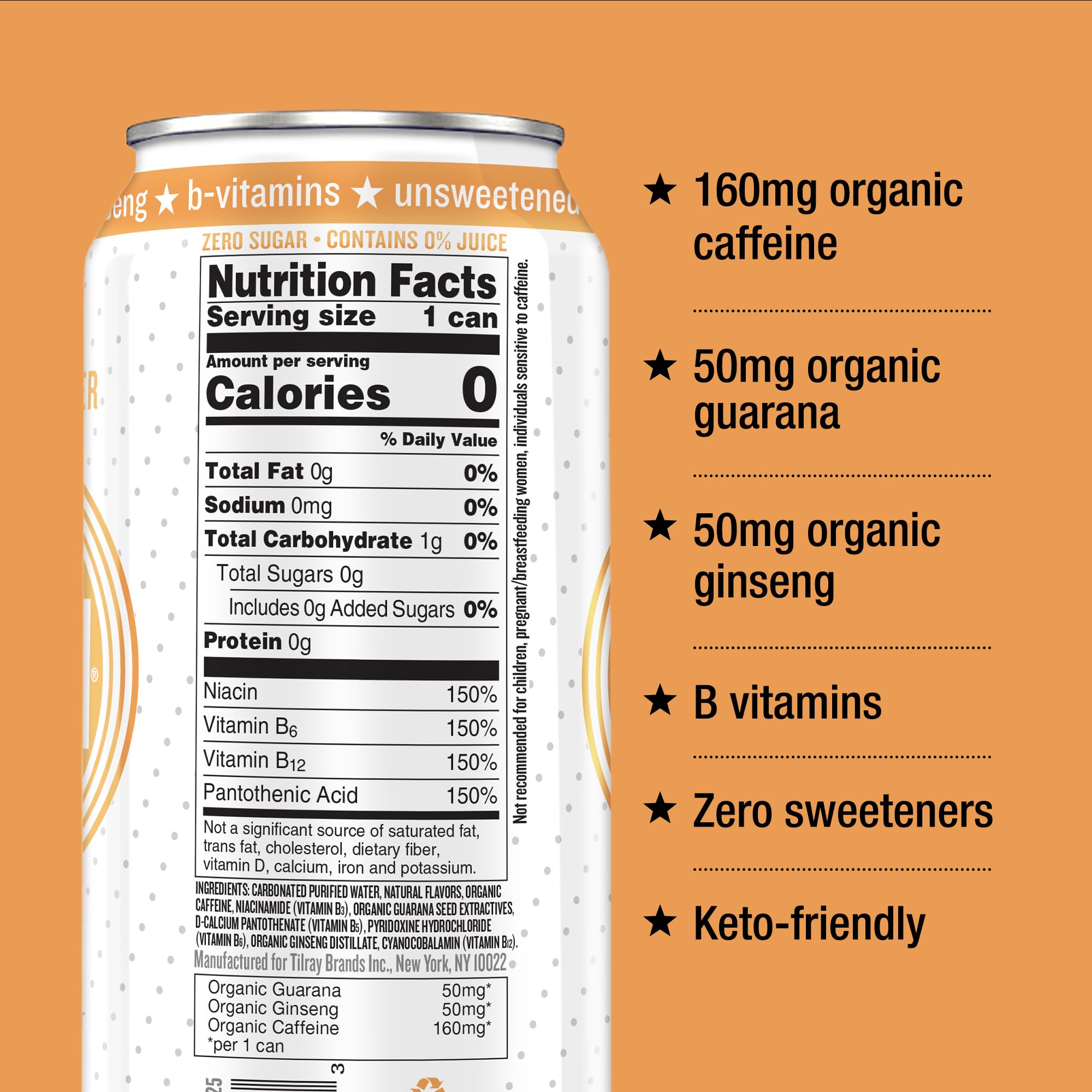 Hiball Peach Seltzer label emphasizes B vitamins for daily energy.