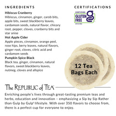 The Republic of Tea Hibiscus Cranberry cup highlighting caffeine-free fall flavor.