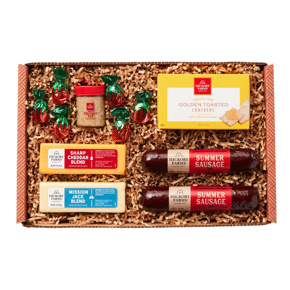 Hickory Farms Farmhouse Meat & Cheese Basket displayed on a board for entertaining.
