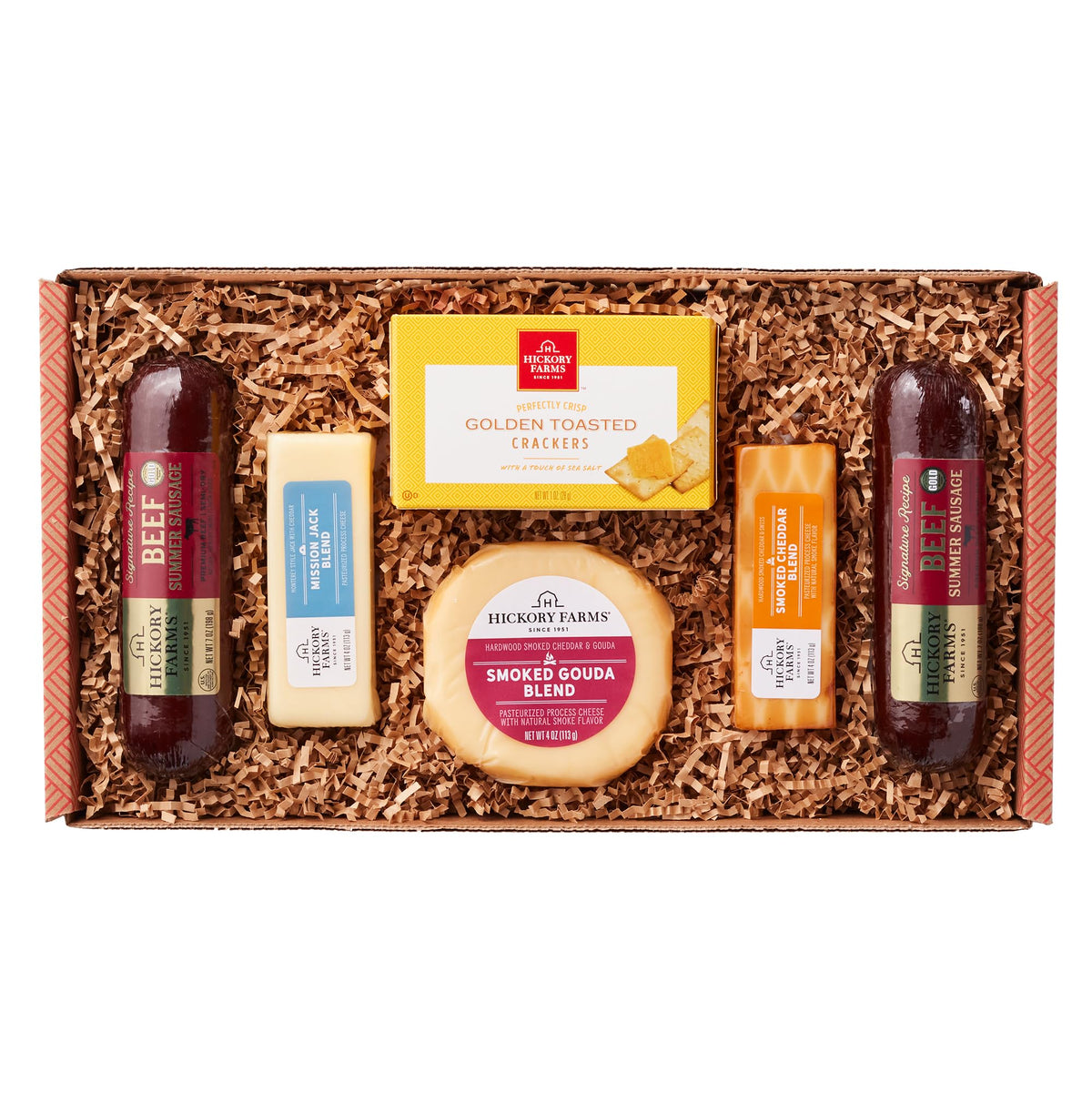 Hickory Farms Signature Beef Summer Sausage on a board, ideal for sharing at gatherings.