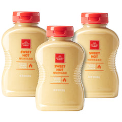 Hickory Farms Sweet Hot Mustard jar close-up showing glossy texture ideal for dipping