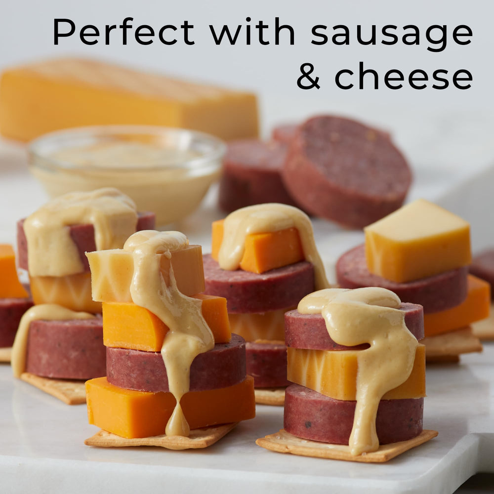 Hickory Farms Sweet Hot Mustard three-pack display highlighting value for entertaining