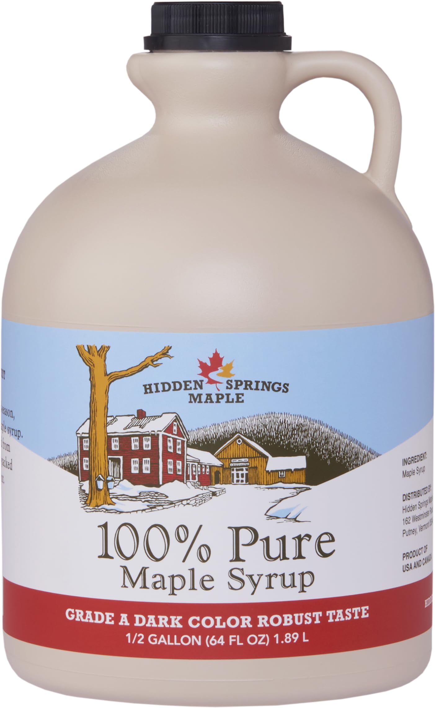 Hidden Springs Maple dark half-gallon bottle pour, ideal for drizzling.