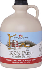 Hidden Springs Maple dark half-gallon bottle pour, ideal for drizzling.