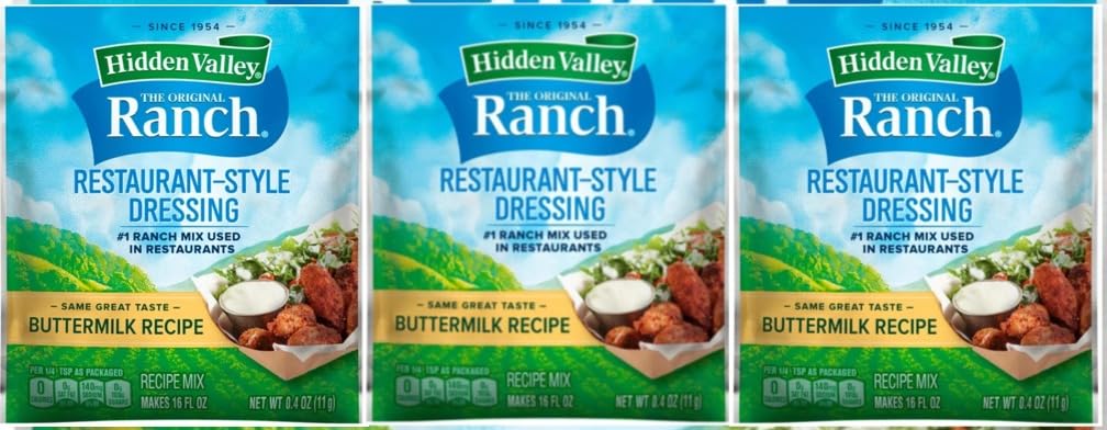 Hidden Valley Buttermilk Ranch Pack 3 box front, gluten-free versatile dressing mix.