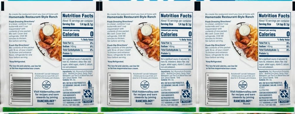 Hidden Valley Buttermilk Ranch Mix label close-up, easy seasoning for dips and burgers.
