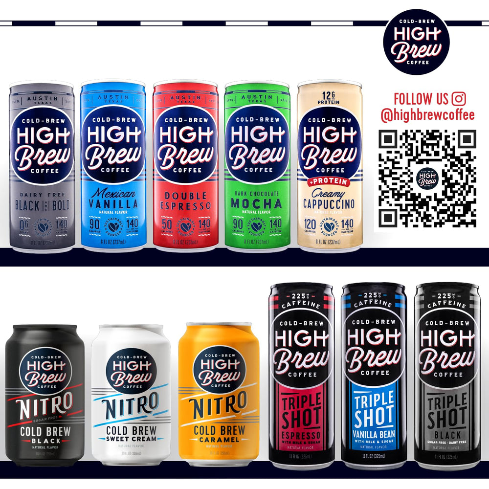 High Brew Coffee 12-pack display can, convenient cold brew option for busy days.