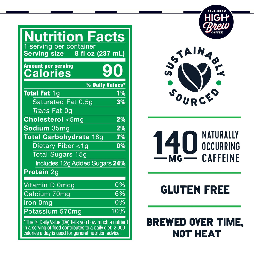 High Brew Coffee 12g protein can, grab-and-go breakfast fuel with rich aroma.