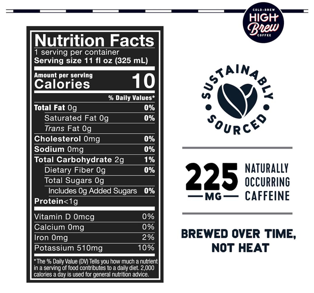 Close-up of High Brew Coffee label highlighting low acidity and non-GMO ingredients.
