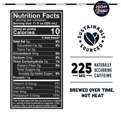 Close-up of High Brew Coffee label highlighting low acidity and non-GMO ingredients.
