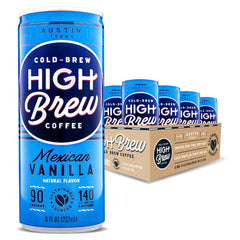 High Brew Mexican Vanilla can highlighting vanilla coffee flavor for on the go