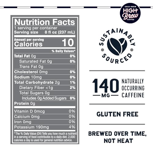 High Brew dairy-free, gluten-free 12-pack on shelf emphasizes dietary-friendly convenience.