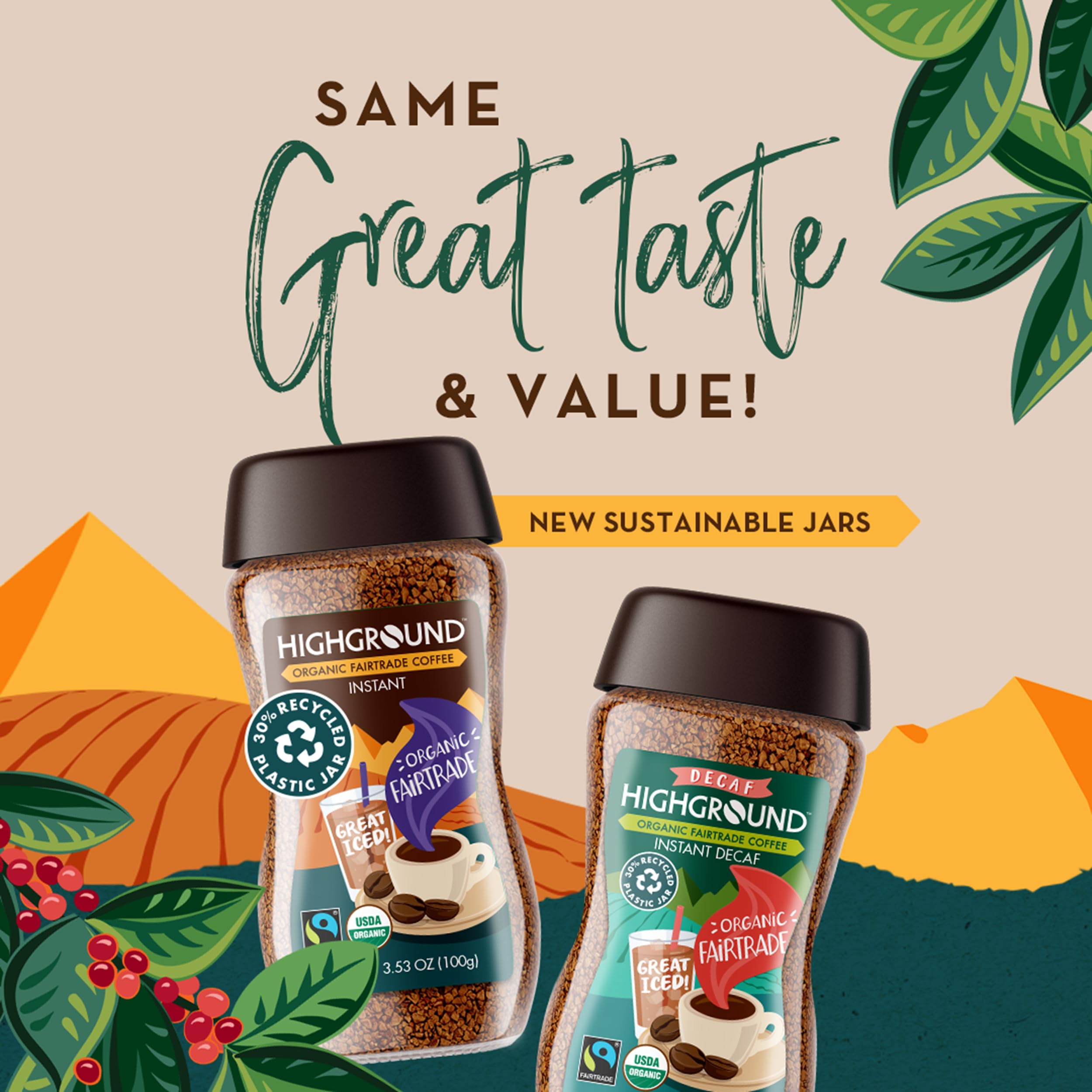 Highground Organic Instant Decaf Coffee cup-hot-ice displays versatile use at home or office