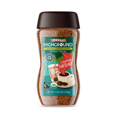Highground Organic Instant Decaf Coffee jar-front with eco-friendly packaging and instant convenience