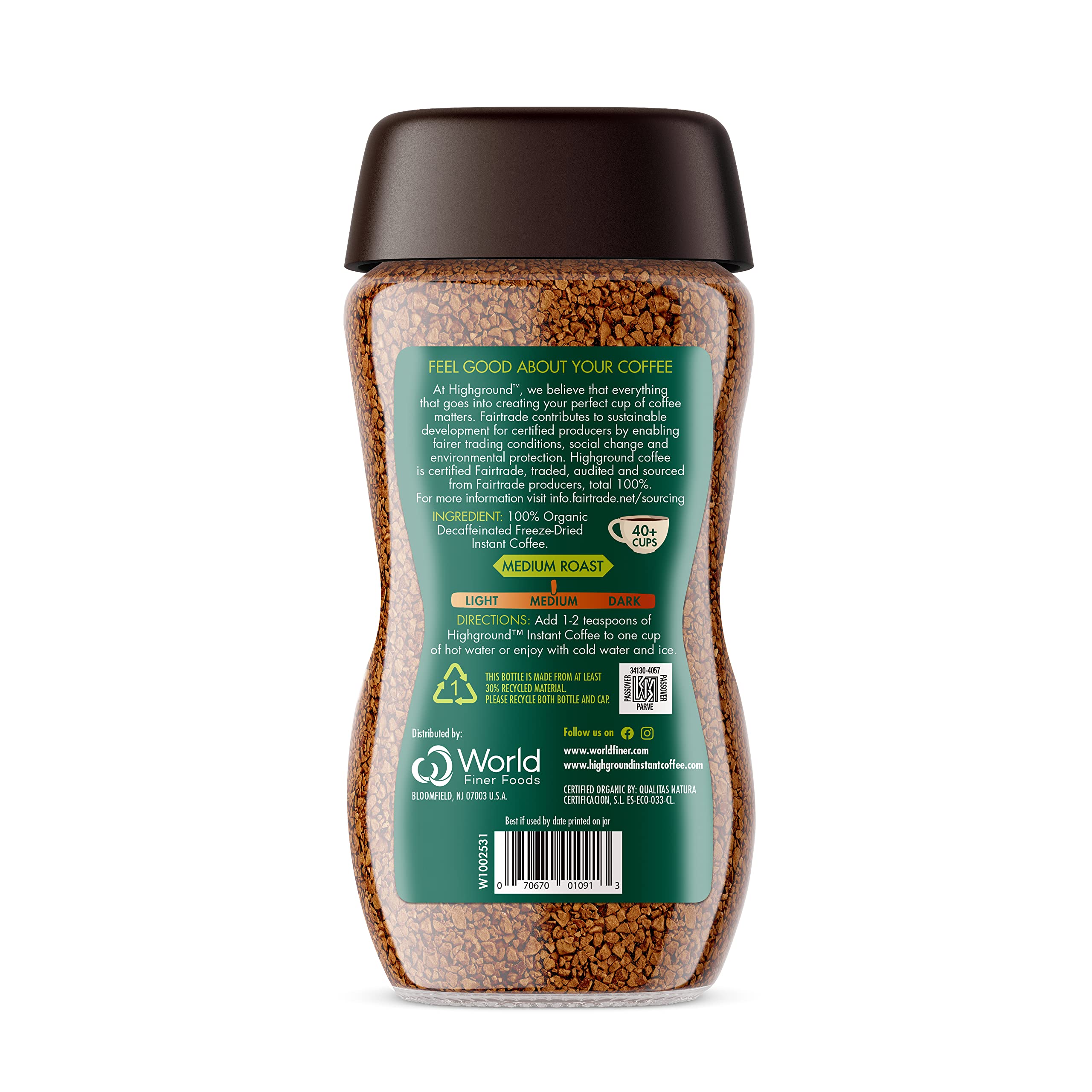 Highground Organic Instant Decaf Coffee jar-pour showing quick brewing for hot or iced drinks