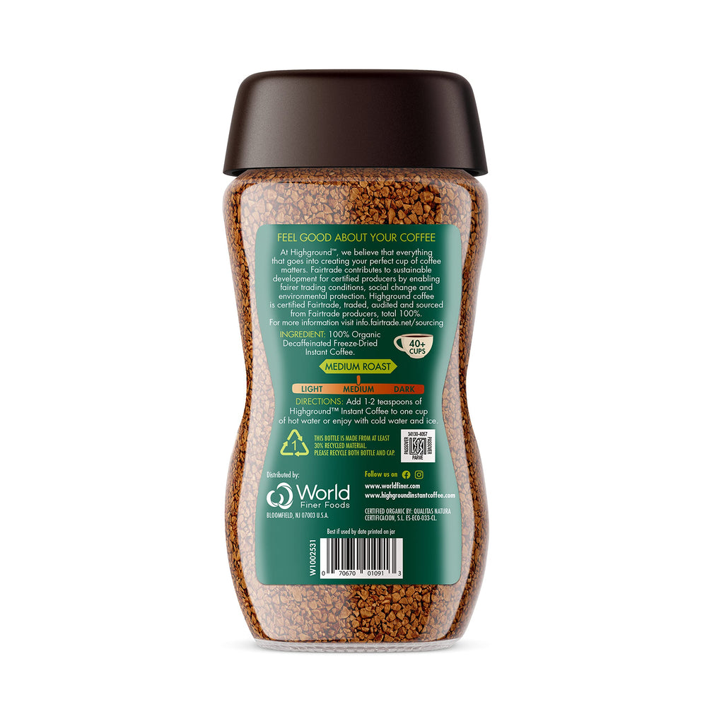 Highground Organic Instant Decaf Coffee jar-pour showing quick brewing for hot or iced drinks