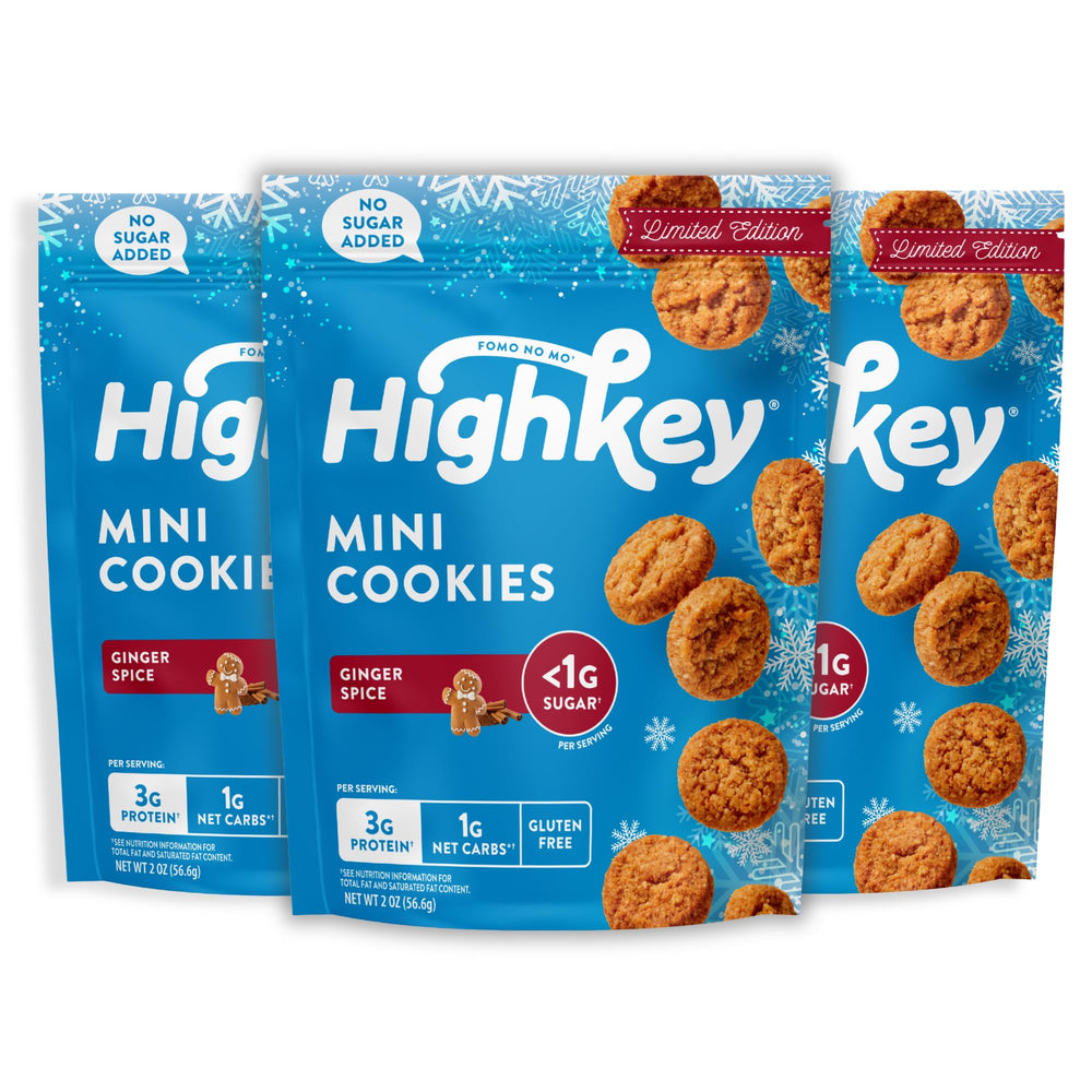 HighKey Ginger Spice Cookies pack front shows a keto-friendly snack option