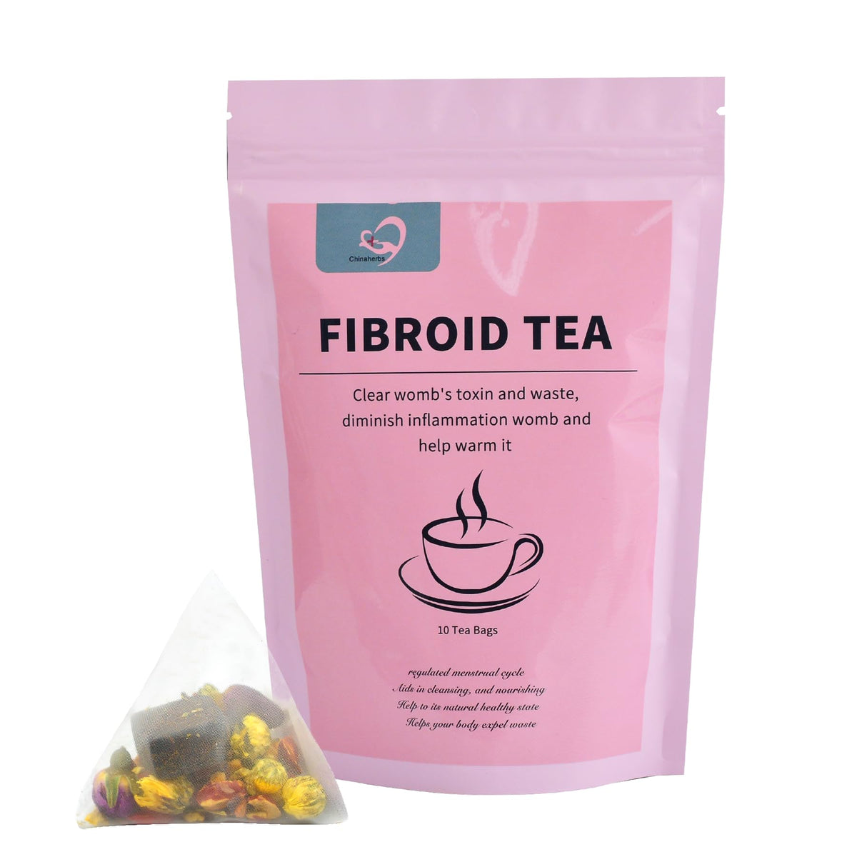 Hiherbs Fibroid Tea packaging shows organic ingredients for a gentle wellness routine