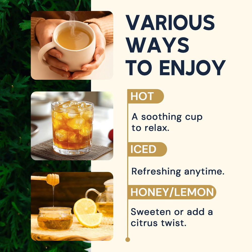 HIIHONE caffeine-free label highlights evening-friendly herbal tea.