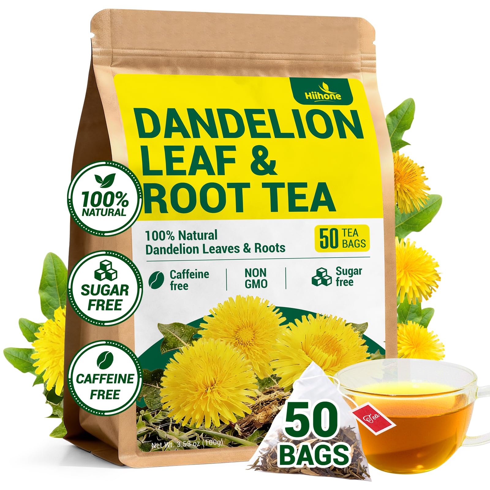 HIIHONE dandelion tea bags on the box, caffeine-free daily ritual.
