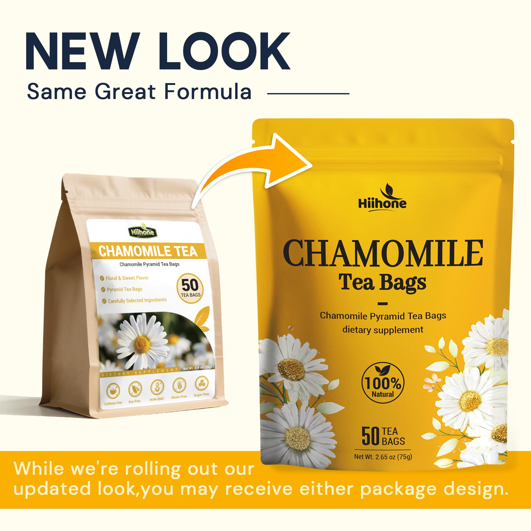 HIIHONE organic chamomile tea label signaling natural wellness.
