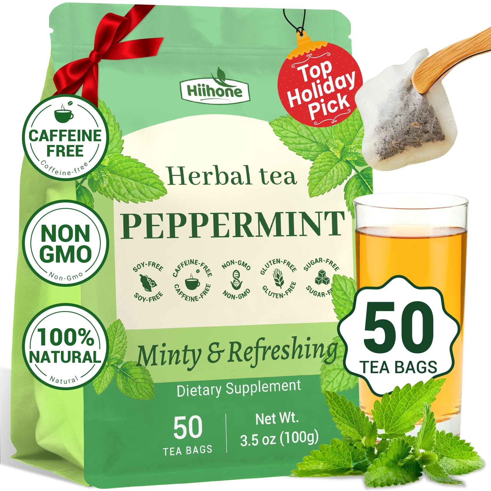 Hiihone peppermint tea bags 50-count pack shot highlighting caffeine-free refreshment.