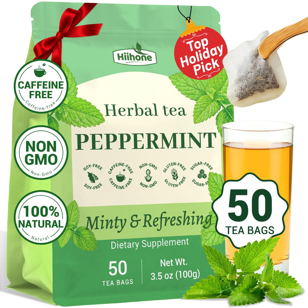 Hiihone peppermint tea bags 50-count pack shot highlighting caffeine-free refreshment.