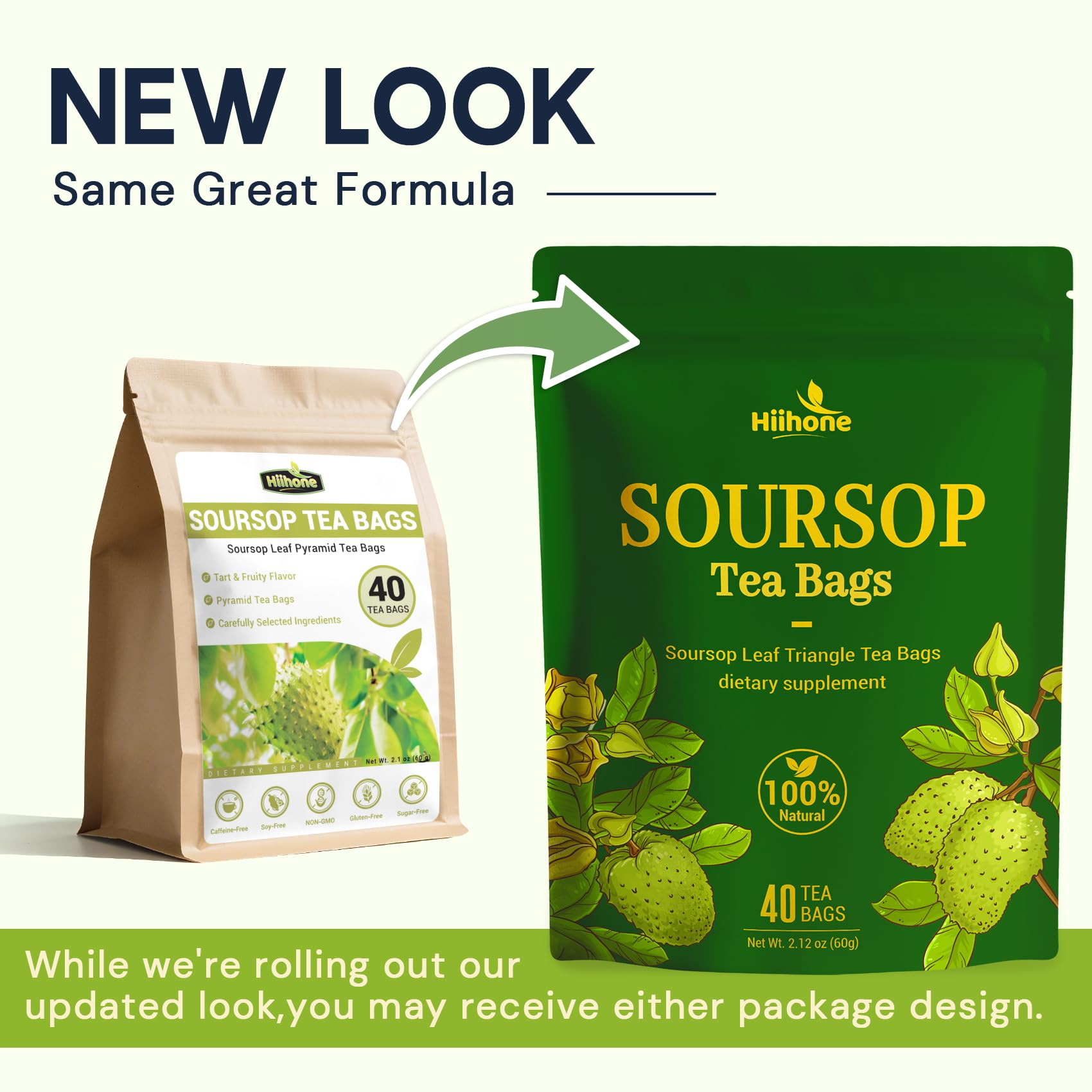 HIIHONE Soursop Tea label highlights caffeine-free, sugar-free qualities.