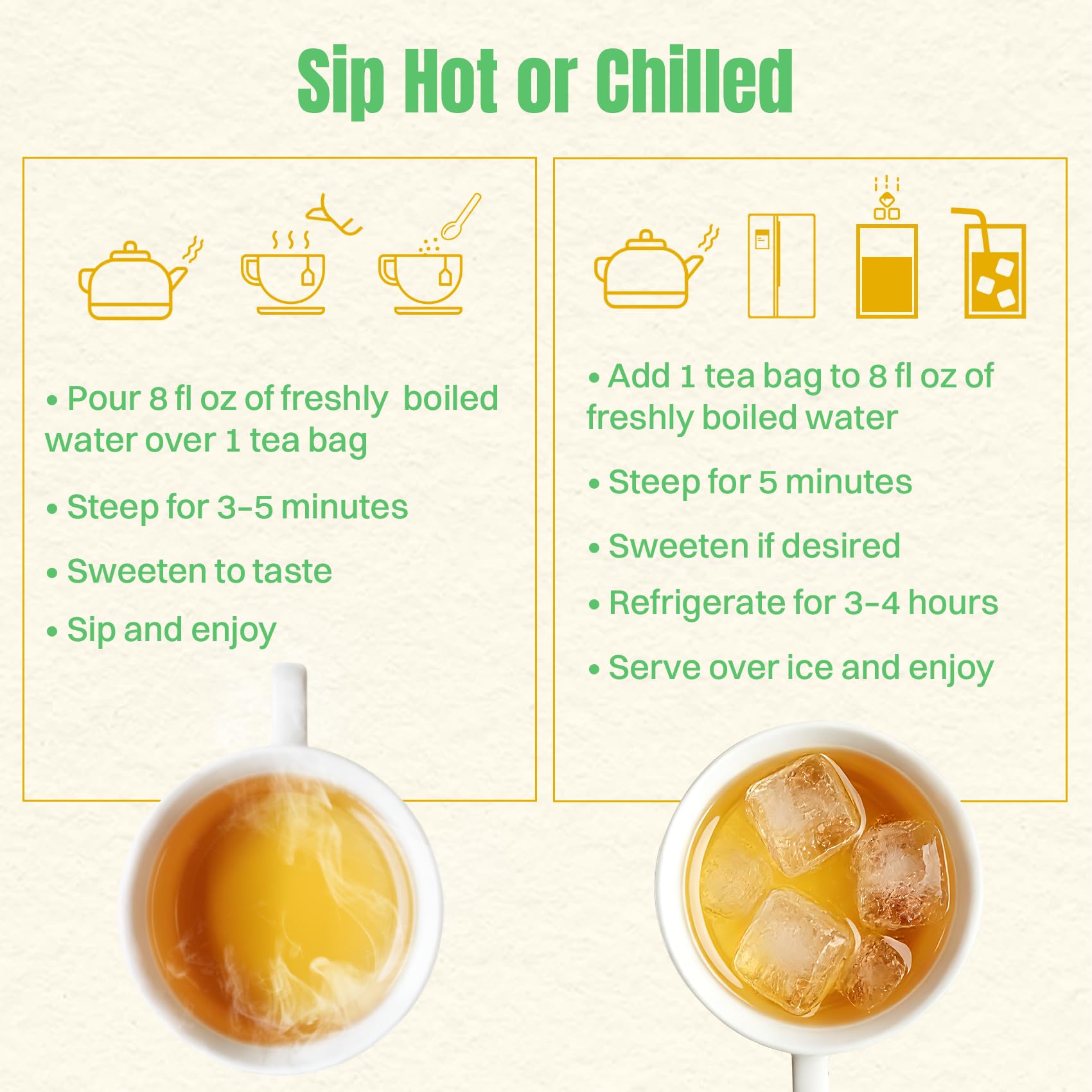 Hiihone steeping guide image illustrating hot-tea brewing steps.
