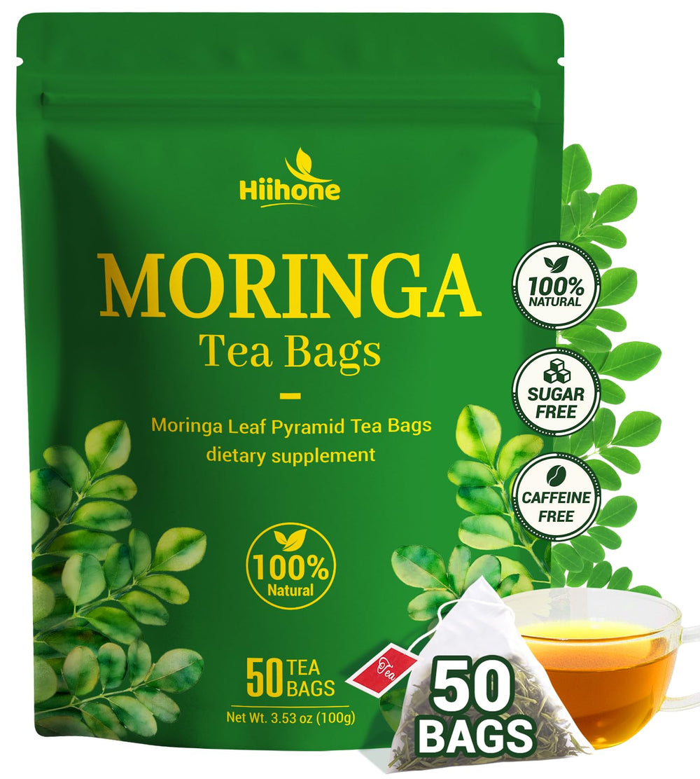 HIIHONE Moringa leaf tea bags on white background for freshness and convenience.