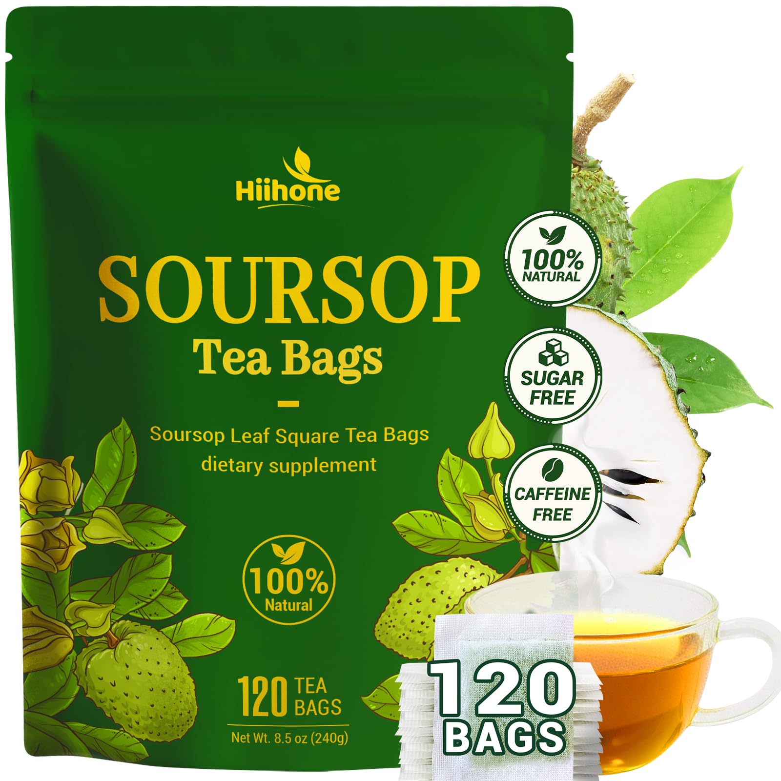 HIIHONE Soursop Leaf Tea bag closeup showing authentic leaves and aroma.