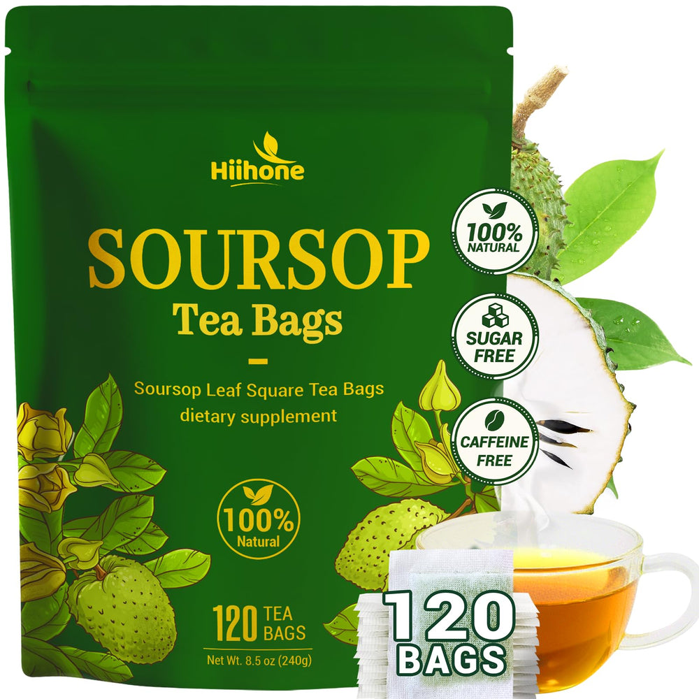 HIIHONE Soursop Leaf Tea bag closeup showing authentic leaves and aroma.